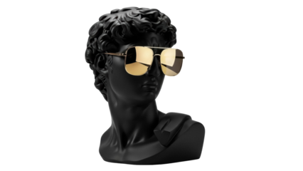 Black David bust with gold sunglasses isolated PNG on transparent background, classical sculpture with modern eyewear for design use