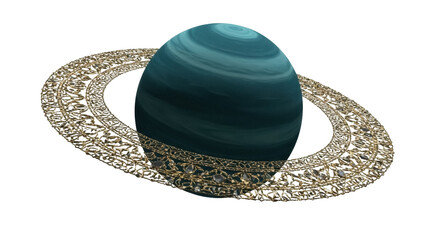 Striking teal planet with golden ring isolated PNG, celestial body with intricate ring system on transparent background, space exploration concept © Nicolae