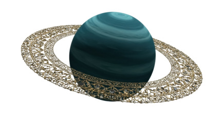 Striking teal planet with golden ring isolated PNG, celestial body with intricate ring system on transparent background, space exploration concept