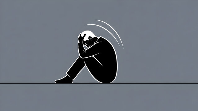 Sad man sitting alone with head in hands feeling depressed