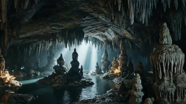 Mysterious underground cave with glowing crystals and flowing water illuminated by ethereal light beams