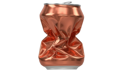 Crushed copper soda can isolated PNG, damaged metal container for recycling and environmental awareness concepts