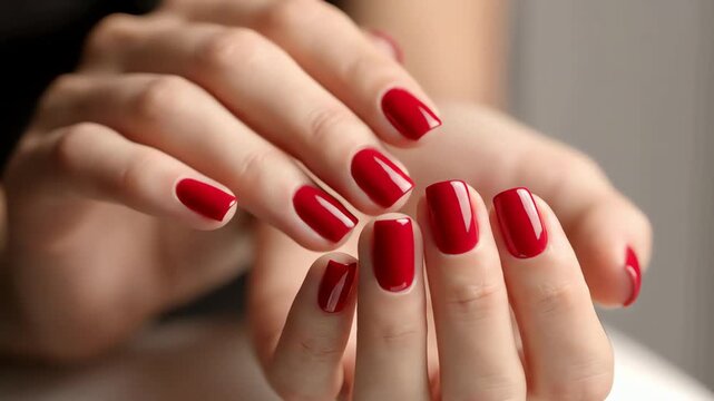 Close up shot of perfect red painted fingernails and hands on a neutral background