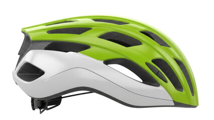 Green and white bicycle helmet isolated PNG on transparent background, safety gear for cycling and outdoor sports