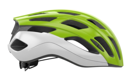 Green and white bicycle helmet isolated PNG on transparent background, safety gear for cycling and outdoor sports
