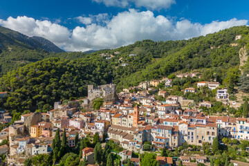 Obraz premium Aerial view of the medieval village of Roquebrune-Cap-Martin in French Riviera