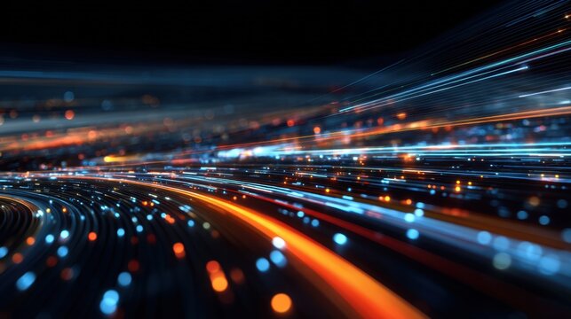 A colorful, abstract image of a cityscape with bright lights and lines. Scene is energetic and dynamic, with the lines and colors creating a sense of movement and excitement