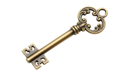 Antique brass skeleton key isolated PNG on transparent background, vintage ornate key for design elements and security concepts