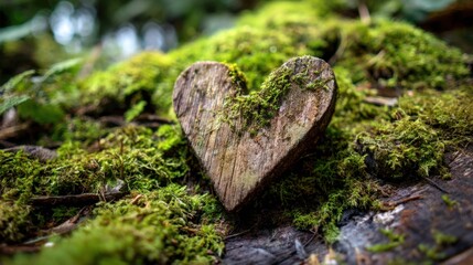 A heart made of wood is covered in moss. The moss gives the heart a natural, organic appearance. The heart is placed on a mossy log, surrounded by green plants and trees