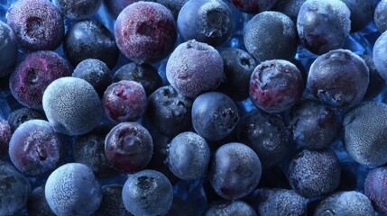 A close up of frozen blueberries. The blueberries are frozen and covered in ice. The image has a cold and icy feel to it