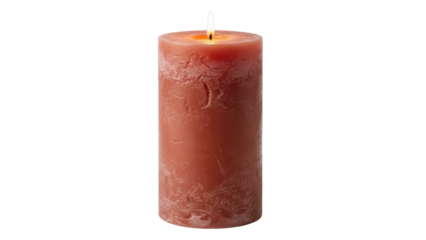 Burning orange candle isolated PNG, textured wax pillar with flame on transparent background for decoration and holiday use