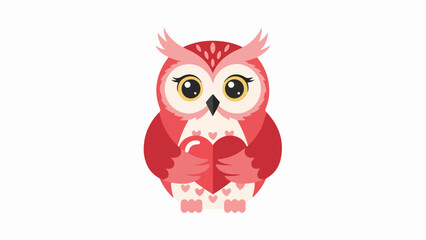 Stylized owl illustration with red feathers and a heart on a light pink background