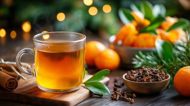 Holiday tea with cloves arrangement, orange pomander ball in background defocused, festive beverage, seasonal drink, aromatic spices, warm atmosphere, with copy space