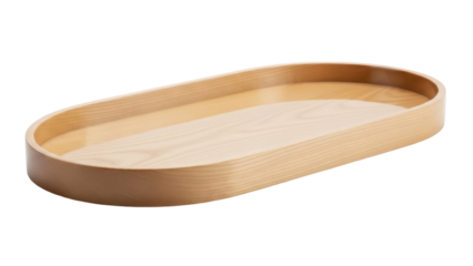 Light brown wooden tray isolated PNG on transparent background, oval serving platter for food presentation and home decor