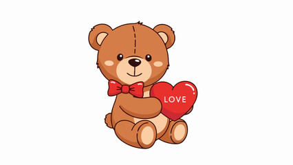 Fototapeta premium Plush brown teddy bear with red bow tie holding a heart with the word LOVE on a beige background