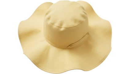 Elegant yellow sun hat isolated PNG on transparent background, stylish summer headwear for sun protection and fashion accessory