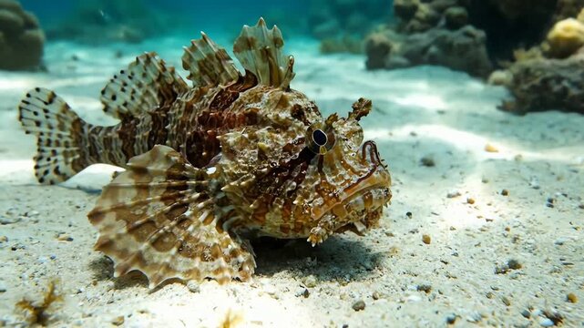 Close up underwater shot of a camouflaged scorpionfish resting on a sandy seabed coral reef