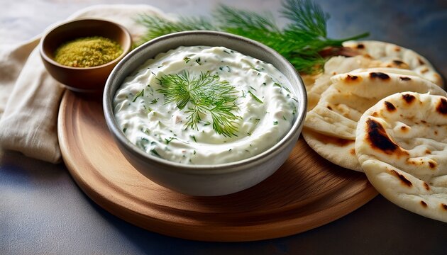 a bowl of creamy tzatziki dip with dill and olive oil alongside warm flatbread offering a delicious and healthy mediterranean appetizer option - Powered by Adobe