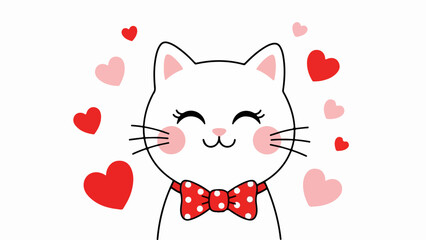 Fototapeta premium White cat with red polka dot bow tie surrounded by hearts