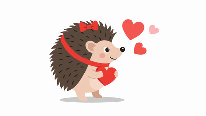 Fototapeta premium Illustrated hedgehog with red scarf holding a heart on light gray background