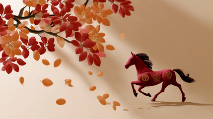 Red horse running under blossoming autumn branch