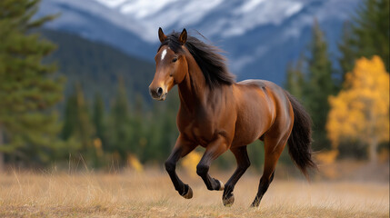 Horse in freedom, equine running freely, wild animal movement, pastoral landscape defocused, natural behavior, outdoor setting, wildlife photography, with copy space