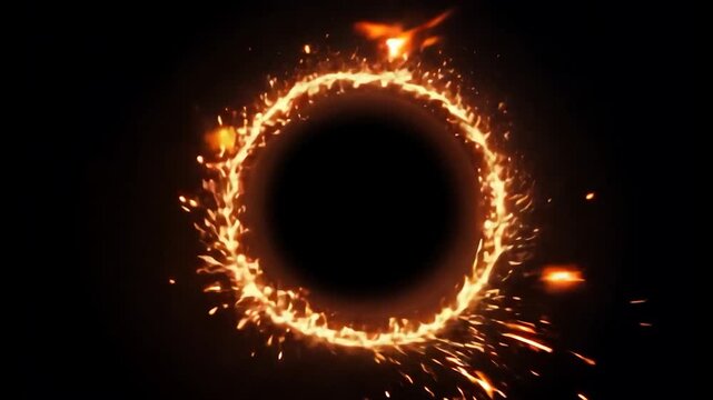 Golden ring of fire spinning and emitting hot sparks. Abstract circular portal glowing with flames, creating a dynamic magical effect