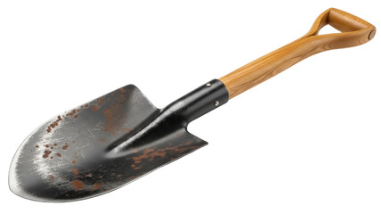 Used garden shovel PNG isolated on transparent background, digging tool with wooden handle and rusty metal blade for gardening © Nicolae