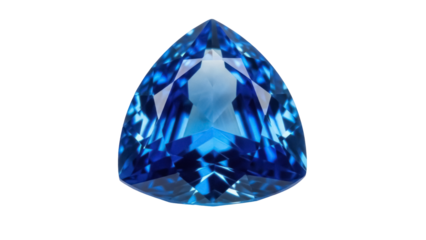 Vibrant blue trillion cut gemstone isolated PNG, sparkling sapphire with geometric facets for jewelry design and luxury branding on transparent background