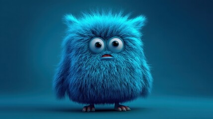 A blue furry owl with big eyes and a sad expression. The owl is standing on a blue background