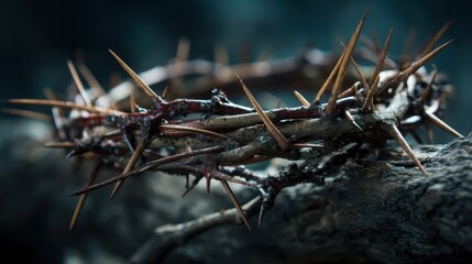 Fototapeta premium A crucifixion cross made of thorns. The thorns are sharp and pointy, and the cross is made of wood. Concept of pain and suffering