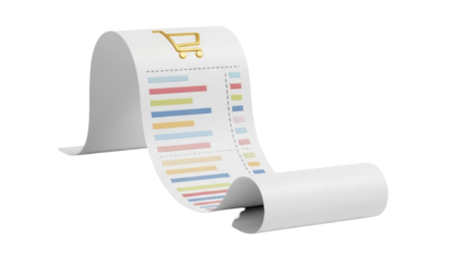 Long receipt paper roll with shopping cart icon isolated PNG, financial report for business and accounting concept
