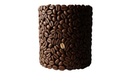 Coffee bean cylinder isolated PNG, brown roasted beans forming a container shape on transparent background for food and beverage concepts