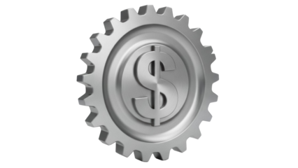 Silver gear with dollar sign isolated PNG, financial mechanism on transparent background for business and investment concepts
