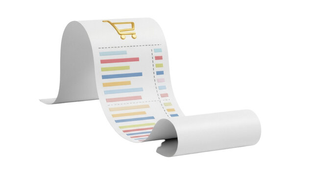 Long receipt paper roll with shopping cart icon isolated PNG, financial report for business and accounting concept