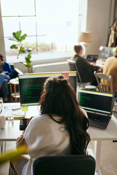 Rear view of female programmer working on desktop PC in tech office
