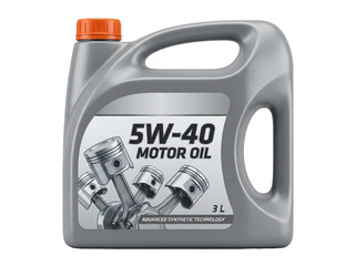 Gray plastic bottle of 5W-40 synthetic motor oil for car engines, transparent background
