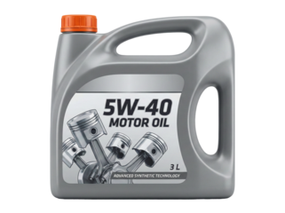 Gray plastic bottle of 5W-40 synthetic motor oil for car engines, transparent background