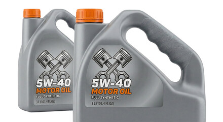 Two grey containers of 5W-40 full synthetic motor oil, transparent background
