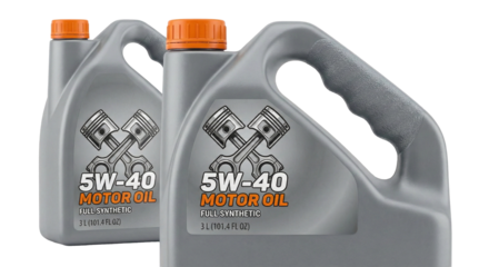 Two grey containers of 5W-40 full synthetic motor oil, transparent background
