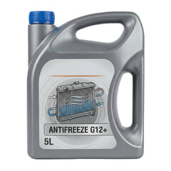 Automotive antifreeze liquid in a grey plastic container, transparent background