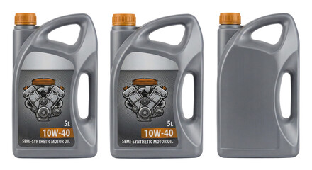 Set of 5 Liters Motor Oil Canisters 10W-40 and Blank Mockup Isolated on Transparent Backgroun
