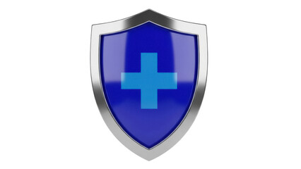 Obraz premium Blue medical shield with cross isolated PNG, protection and healthcare concept for graphic design and web projects on transparent background
