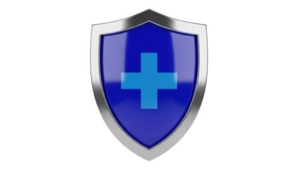 Blue medical shield with cross isolated PNG, protection and healthcare concept for graphic design and web projects on transparent background