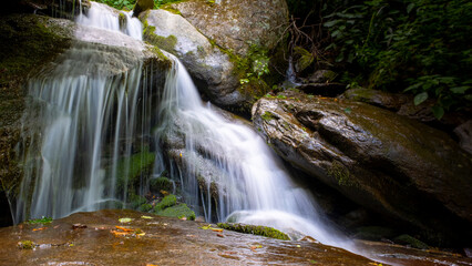 Silky water forms hidden waterfall serenity in  North Carolina, USA.