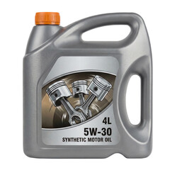 Gray bottle of synthetic motor oil with engine pistons on label, transparent background