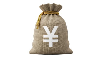 Burlap sack with Yen symbol isolated PNG on transparent background, money bag for finance, currency, and savings concepts