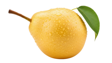 Fresh yellow pear with water droplets isolated PNG, juicy fruit with stem and leaf on transparent background