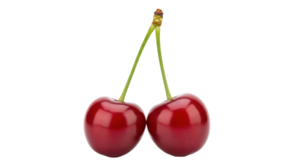 Two ripe cherries PNG isolated on transparent background, fresh red fruit with green stems for healthy eating and summer designs