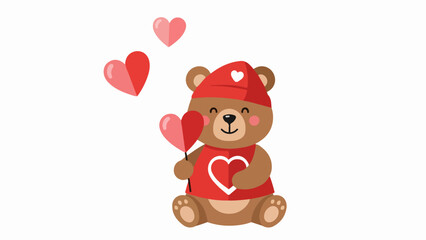 Obraz premium Charming teddy bear illustration with red heart outfit and multiple hearts on beige background
